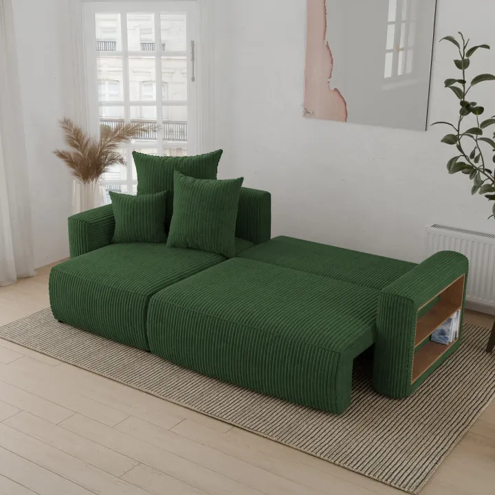 Divano letto angolare reversibile 238x142cm velluto a coste con libreria a destra verde scuro Mistery