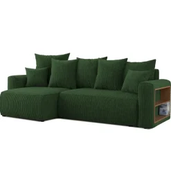 Divano letto angolare reversibile 238x142cm velluto a coste con libreria a destra verde scuro Mistery