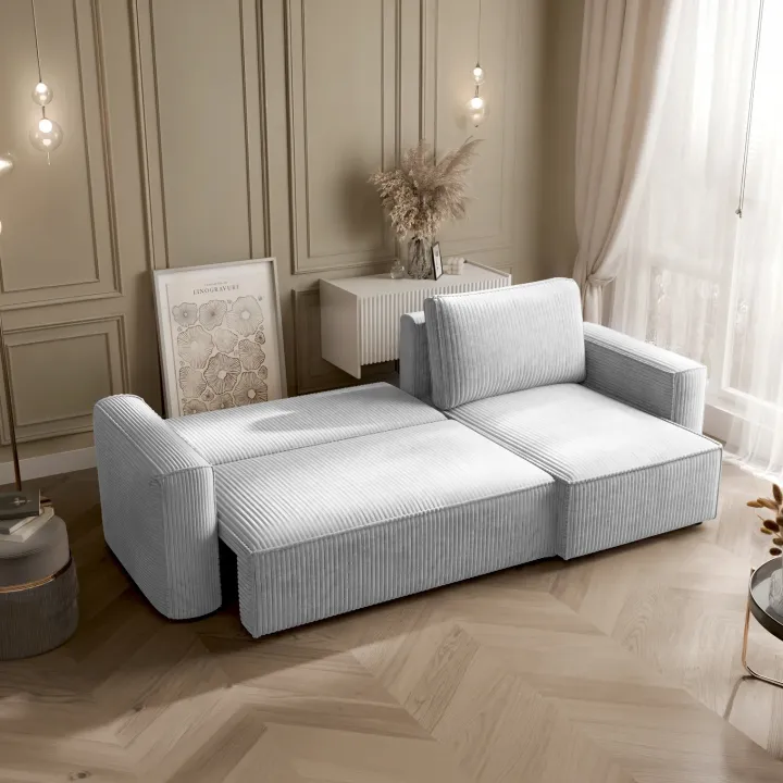 Divano letto angolare reversibile 243x142cm velluto a coste grigio chiaro Ofelia