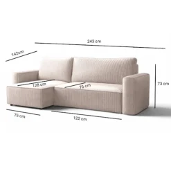 Divano letto angolare reversibile 243x142cm velluto a coste grigio chiaro Ofelia