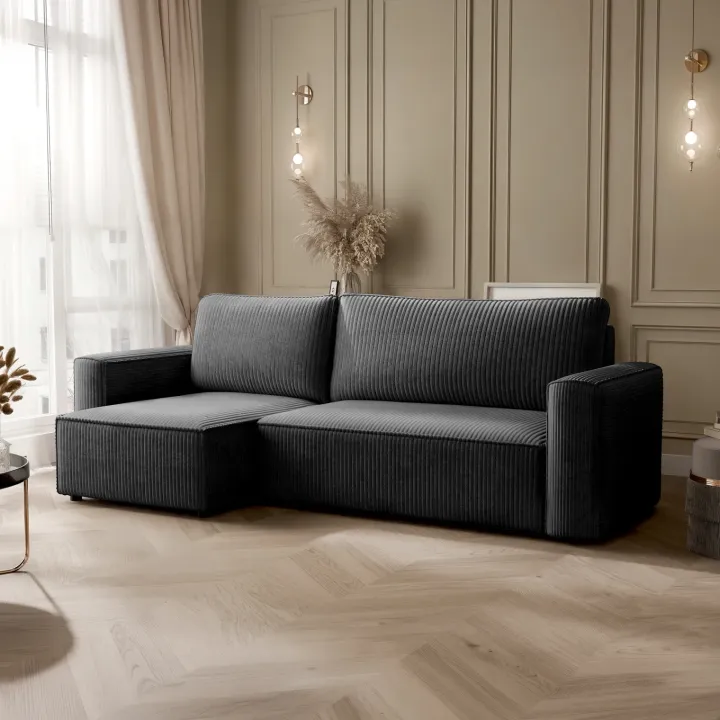 Divano letto angolare reversibile 243x142cm velluto a coste nero Ofelia