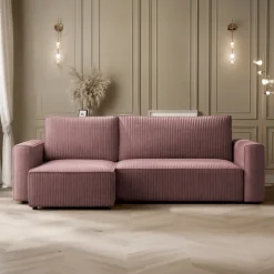 Divano letto angolare reversibile 243x142cm velluto a coste rosa antico Ofelia