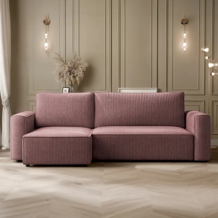 Divano letto angolare reversibile 243x142cm velluto a coste rosa antico Ofelia