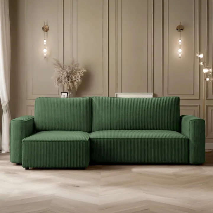 Divano letto angolare reversibile 243x142cm velluto a coste verde scuro Ofelia