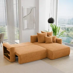 Divano letto angolare reversibile 260x160cm velluto a coste con libreria a sinistra giallo senape Mistery