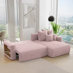Divano letto angolare reversibile 260x160cm velluto a coste con libreria a sinistra rosa antico Mistery
