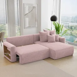 Divano letto angolare reversibile 260x160cm velluto a coste con libreria a sinistra rosa antico Mistery