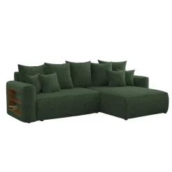 Divano letto angolare reversibile 260x160cm velluto a coste con libreria a sinistra verde scuro Mistery