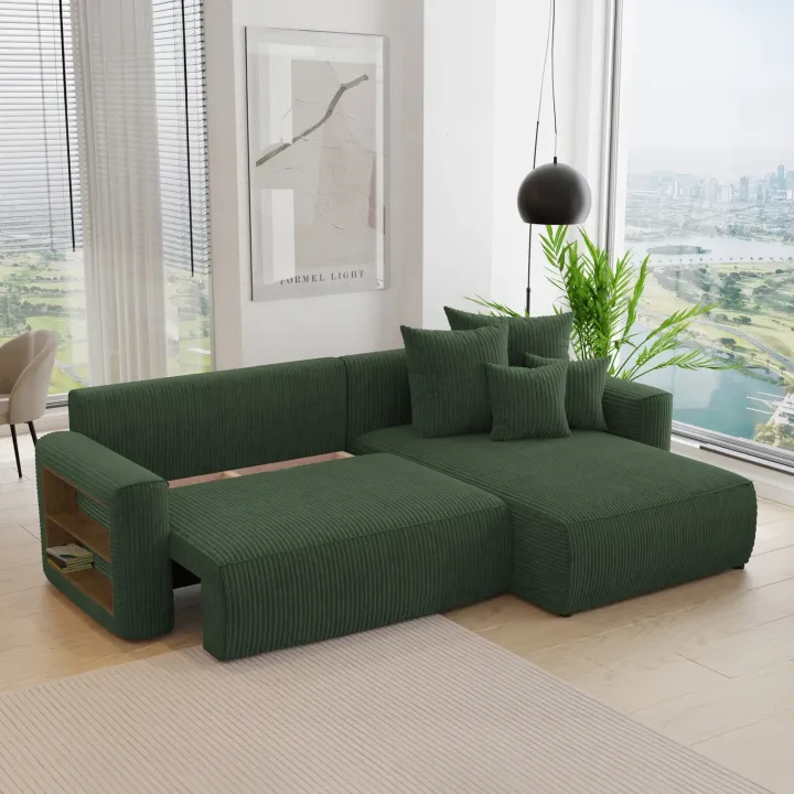 Divano letto angolare reversibile 260x160cm velluto a coste con libreria a sinistra verde scuro Mistery