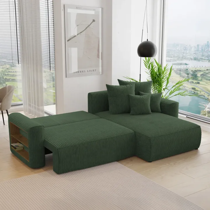 Divano letto angolare reversibile 260x160cm velluto a coste con libreria a sinistra verde scuro Mistery