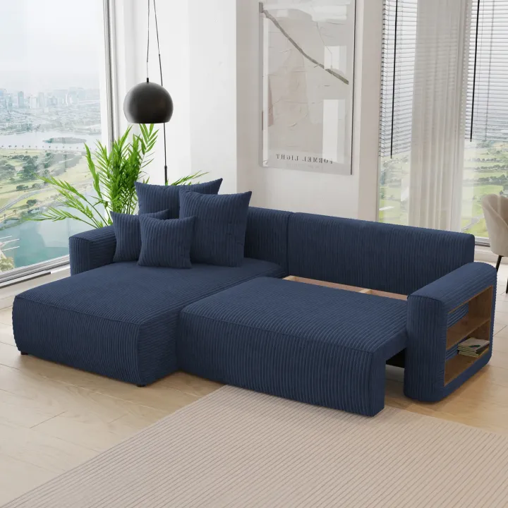 Divano letto angolare reversibile 260x160cm velluto a coste con libreria a destra blu Mistery