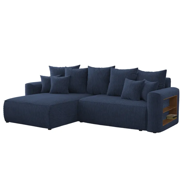 Divano letto angolare reversibile 260x160cm velluto a coste con libreria a destra blu Mistery