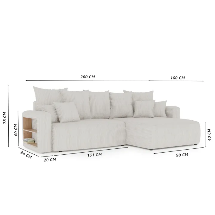 Divano letto angolare reversibile 260x160cm velluto a coste con libreria a destra grigio chiaro Mistery
