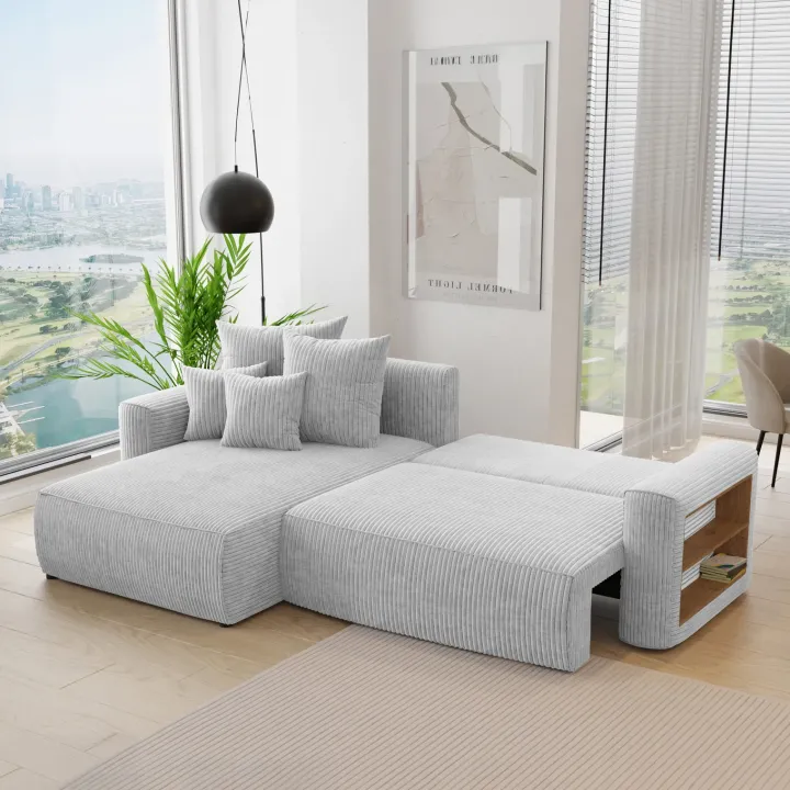 Divano letto angolare reversibile 260x160cm velluto a coste con libreria a destra grigio chiaro Mistery