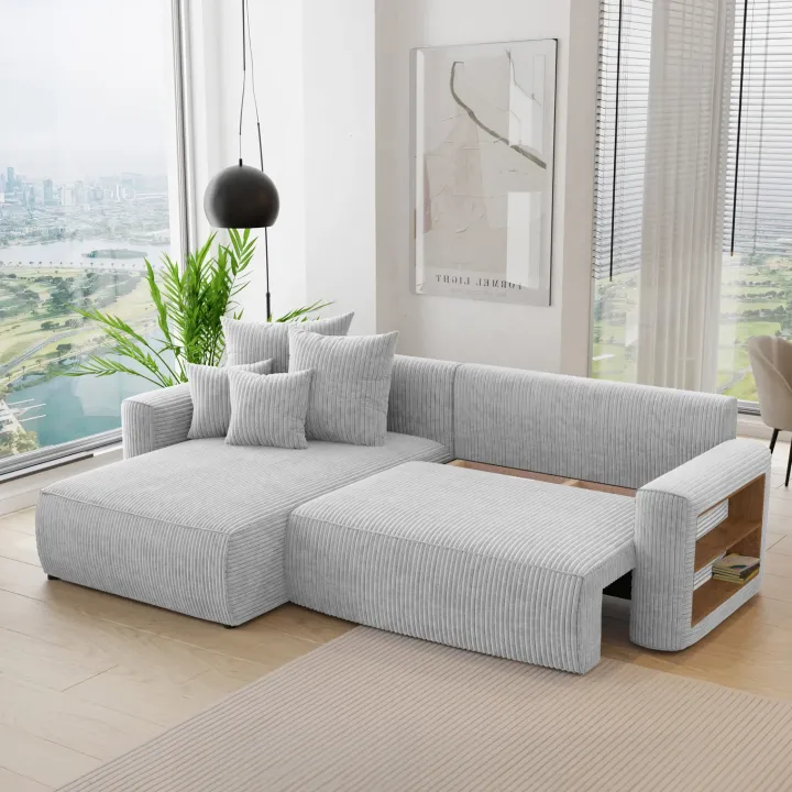 Divano letto angolare reversibile 260x160cm velluto a coste con libreria a destra grigio chiaro Mistery