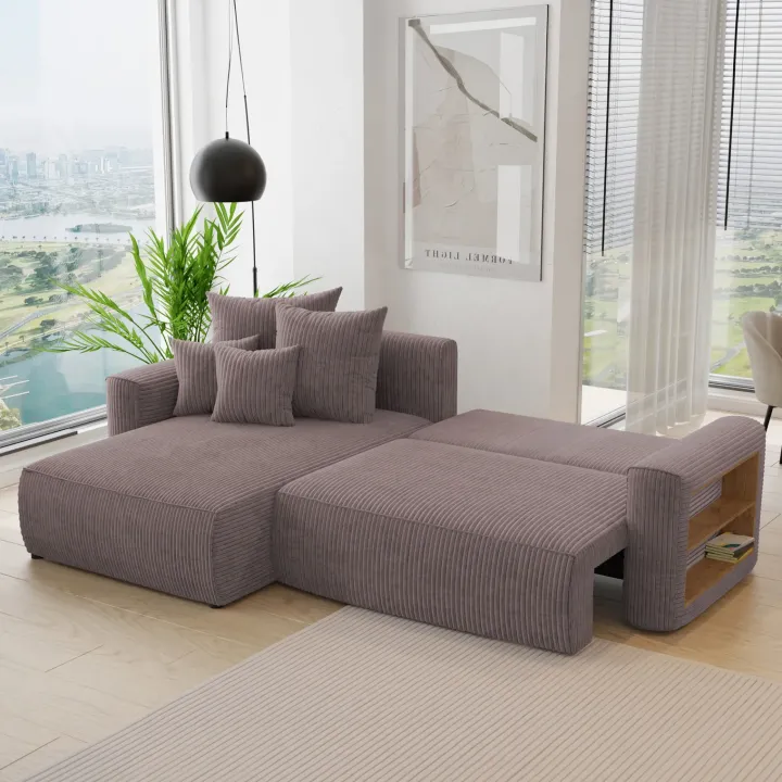 Divano letto angolare reversibile 260x160cm velluto a coste con libreria a destra marrone Mistery