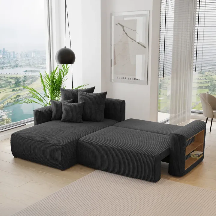 Divano letto angolare reversibile 260x160cm velluto a coste con libreria a destra nero Mistery