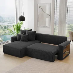 Divano letto angolare reversibile 260x160cm velluto a coste con libreria a destra nero Mistery