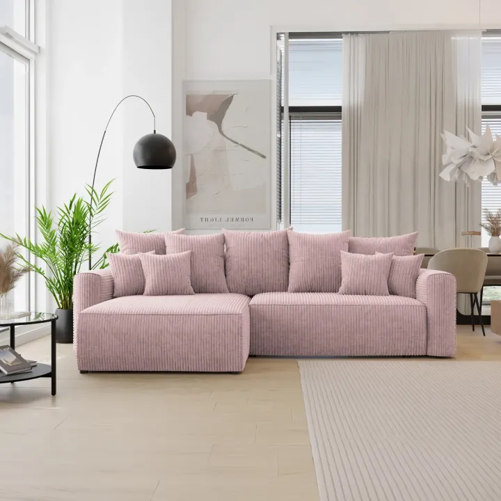 Divano letto angolare reversibile 260x160cm velluto a coste con libreria a destra rosa antico Mistery