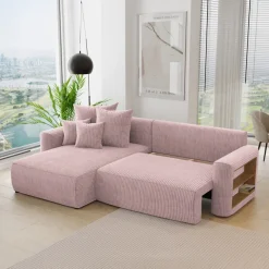 Divano letto angolare reversibile 260x160cm velluto a coste con libreria a destra rosa antico Mistery