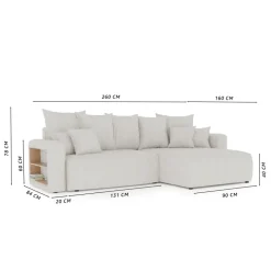 Divano letto angolare reversibile 260x160cm velluto a coste con libreria a destra rosa antico Mistery