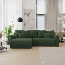 Divano letto angolare reversibile 260x160cm velluto a coste con libreria a destra verde scuro Mistery