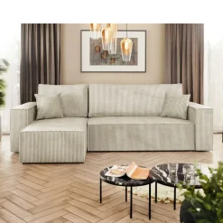 Divano letto angolare reversibile 3 posti 244x145cm con box contenitore velluto a coste beige Ploffy