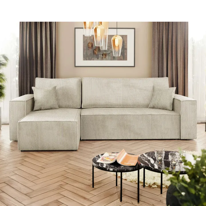 Divano letto angolare reversibile 3 posti 244x145cm con box contenitore velluto a coste beige Ploffy