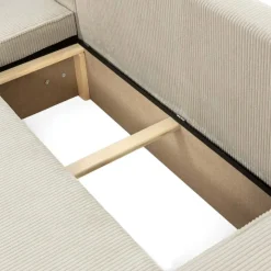 Divano letto angolare reversibile 3 posti 244x145cm con box contenitore velluto a coste beige Ploffy