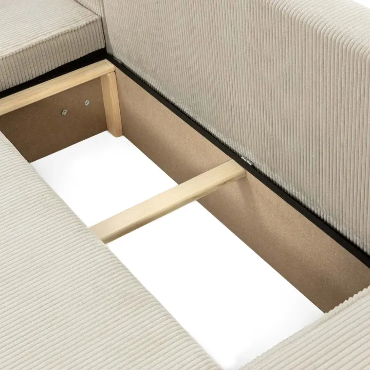 Divano letto angolare reversibile 3 posti 244x145cm con box contenitore velluto a coste beige Ploffy