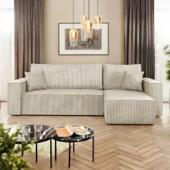 Divano letto angolare reversibile 3 posti 244x145cm con box contenitore velluto a coste beige Ploffy