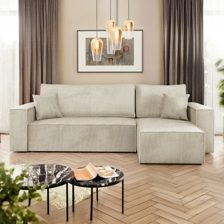 Divano letto angolare reversibile 3 posti 244x145cm con box contenitore velluto a coste beige Ploffy