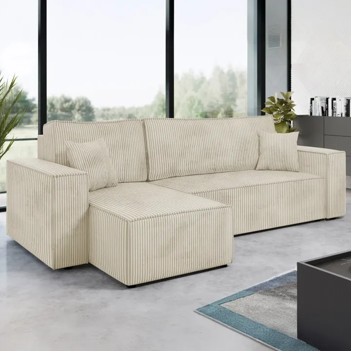 Divano letto angolare reversibile 3 posti 244x145cm con box contenitore velluto a coste beige Ploffy