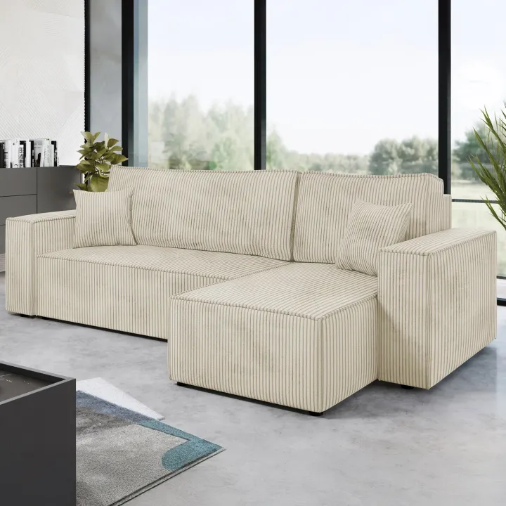 Divano letto angolare reversibile 3 posti 244x145cm con box contenitore velluto a coste beige Ploffy