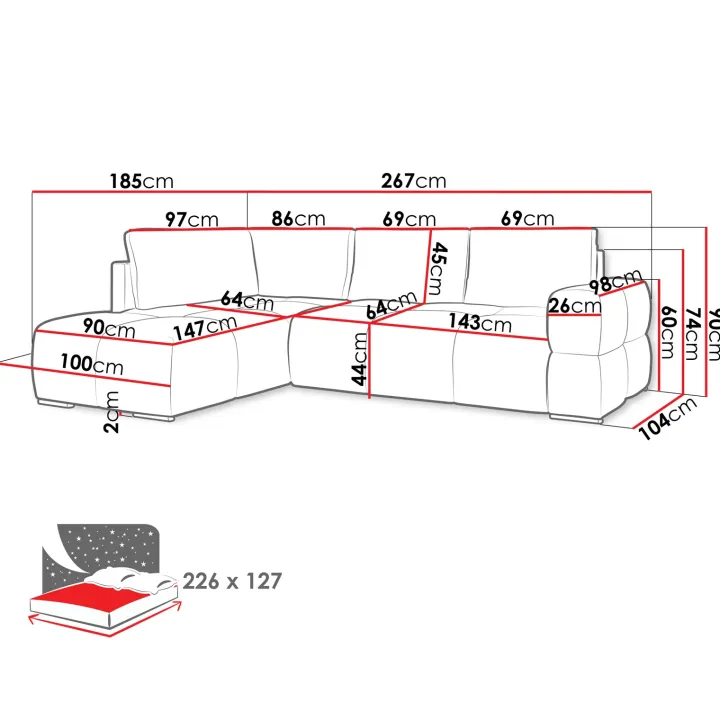 Divano letto angolare reversibile 3 posti 267x185cm box contenitore antracite Sottovoce