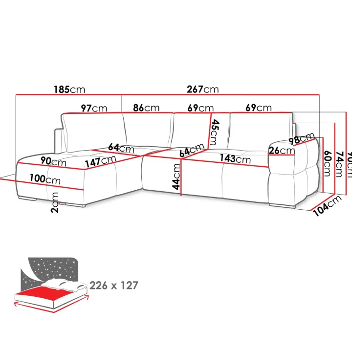 Divano letto angolare reversibile 3 posti 267x185cm box contenitore bianco perla Sottovoce