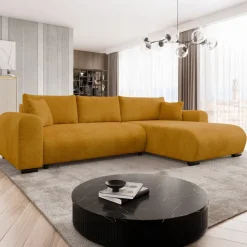 Divano letto angolare reversibile 4 posti 285x188cm con contenitore imbottito tessuto giallo senape Soft