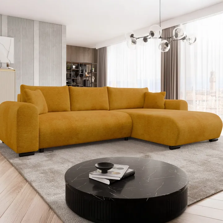 Divano letto angolare reversibile 4 posti 285x188cm con contenitore imbottito tessuto giallo senape Soft
