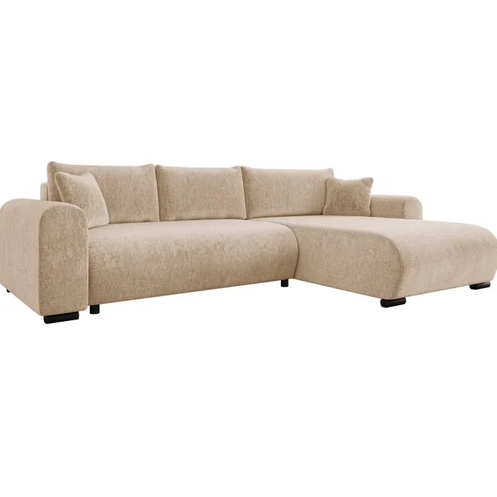Divano letto angolare reversibile 4 posti 285x188cm con contenitore imbottito tessuto beige Soft