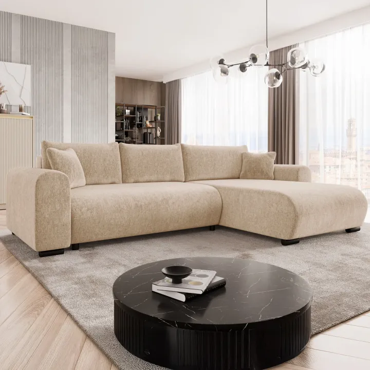 Divano letto angolare reversibile 4 posti 285x188cm con contenitore imbottito tessuto beige Soft