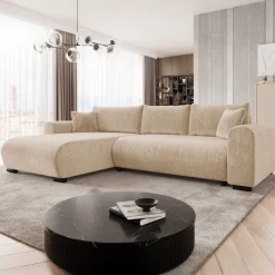 Divano letto angolare reversibile 4 posti 285x188cm con contenitore imbottito tessuto beige Soft