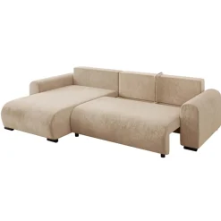 Divano letto angolare reversibile 4 posti 285x188cm con contenitore imbottito tessuto beige Soft