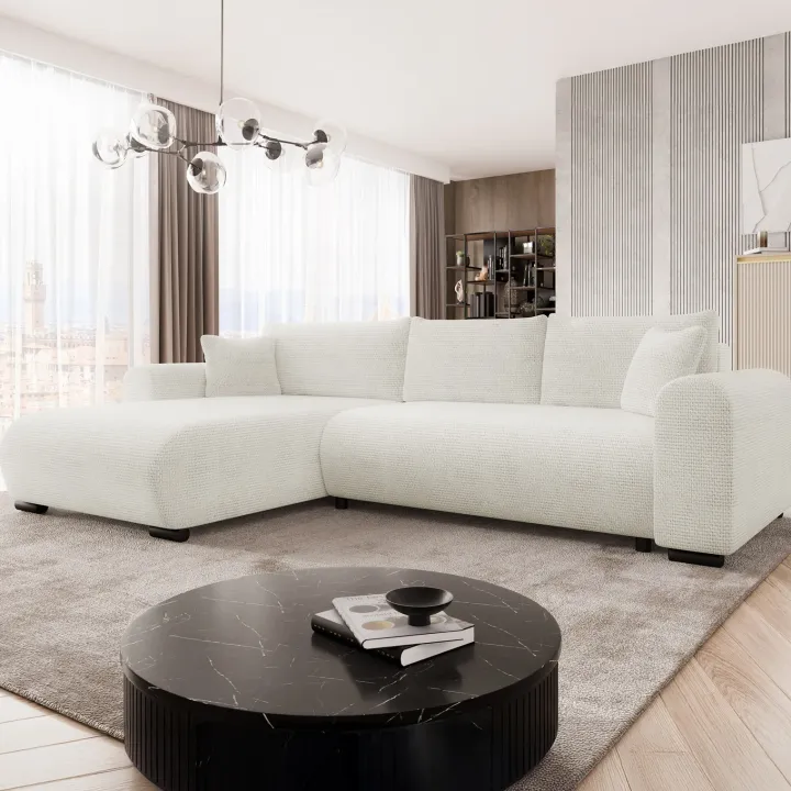 Divano letto angolare reversibile 4 posti 285x188cm con contenitore a trama spessa bianco Soft