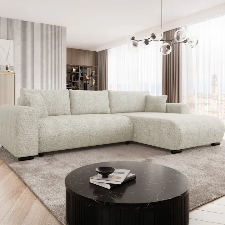 Divano letto angolare reversibile 4 posti 285x188cm con contenitore tessuto bouclé beige chiaro Soft