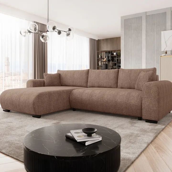 Divano letto angolare reversibile 4 posti 285x188cm con contenitore tessuto bouclé marrone chiaro Soft