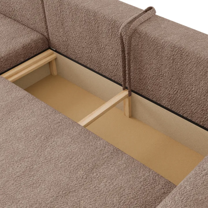 Divano letto angolare reversibile 4 posti 285x188cm con contenitore tessuto bouclé marrone chiaro Soft