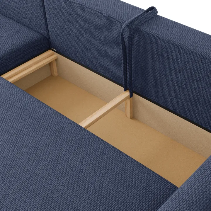 Divano letto angolare reversibile 4 posti 285x188cm con contenitore a trama spessa blu Soft