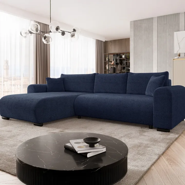 Divano letto angolare reversibile 4 posti 285x188cm con contenitore a trama spessa blu Soft