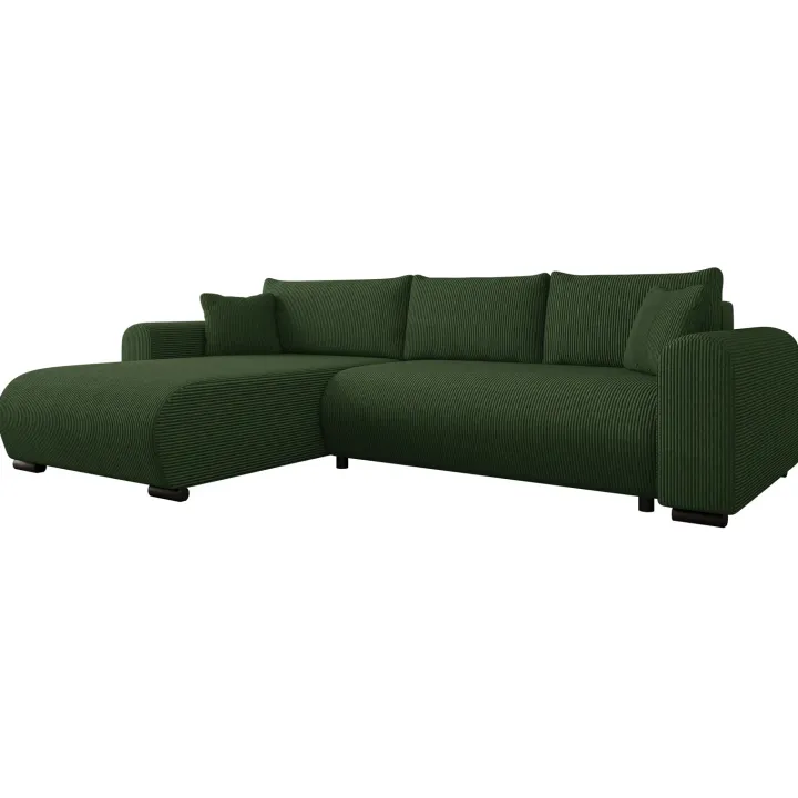 Divano letto angolare reversibile 4 posti 285x188cm con contenitore tessuto velluto a coste verde Soft
