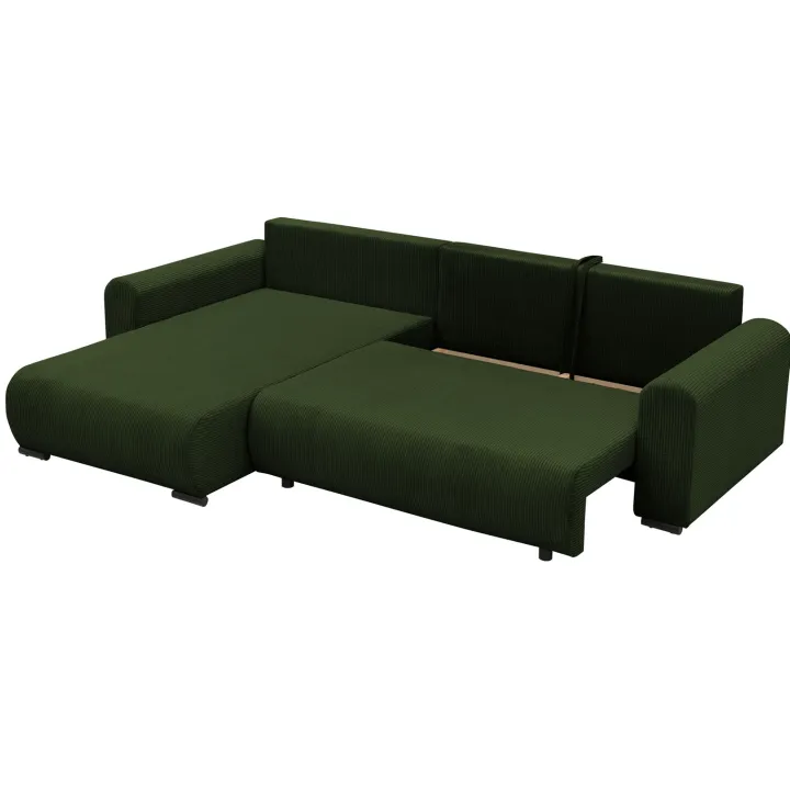 Divano letto angolare reversibile 4 posti 285x188cm con contenitore tessuto velluto a coste verde Soft